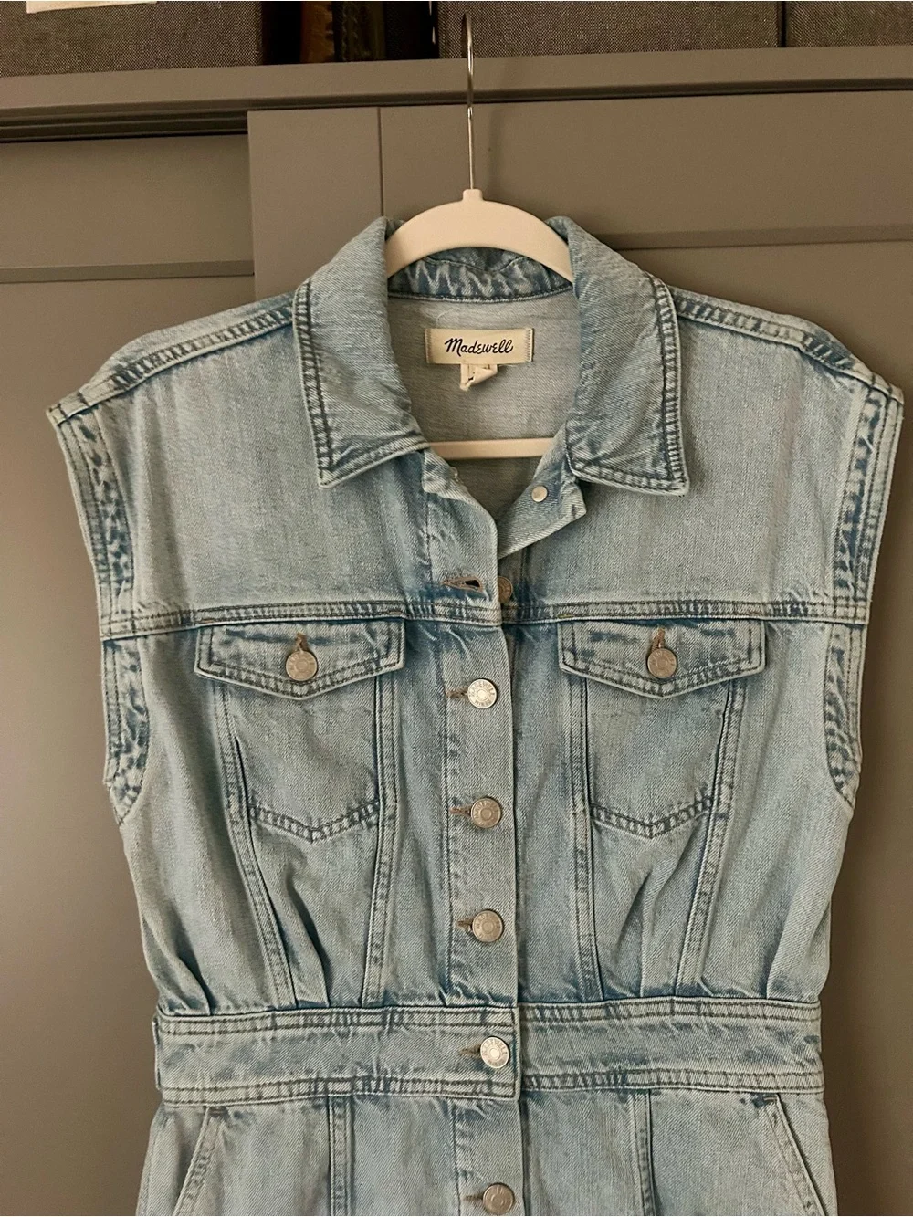 Madewell Light Wash Denim Sleeveless Button-Down Mini Dress